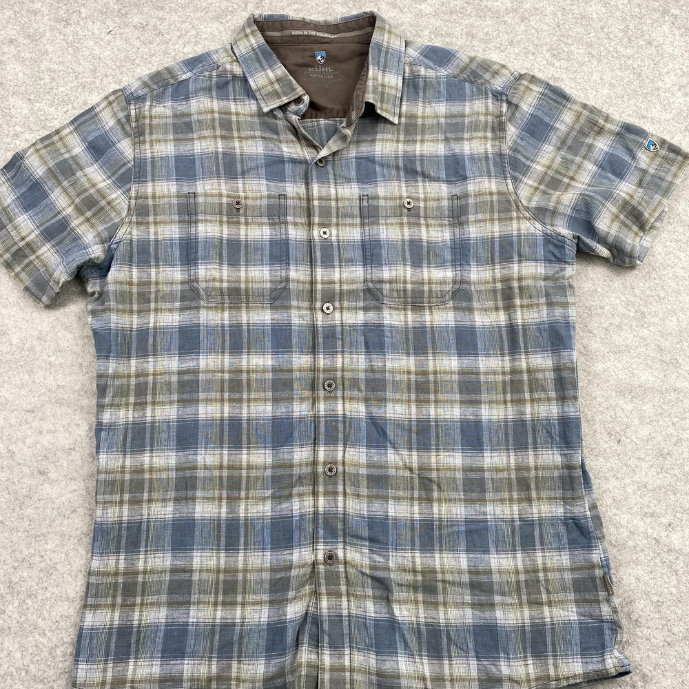 Kuhl Shirt Mens Medium Blue Green Plaid Short Sleeve Button Up Outdoor Casual